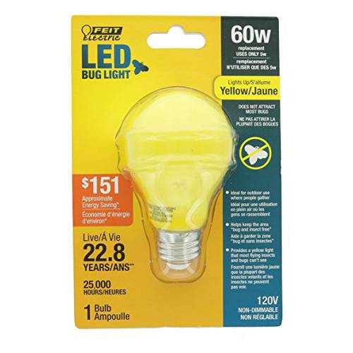 FEIT 전기,자동,전동 A19/ BUG/ LEDNon-Dimmable Led 벌레 Light, 5 W, 120 V, 400 Lumens, 2.35 In Dia, 4 H x D, Yellow