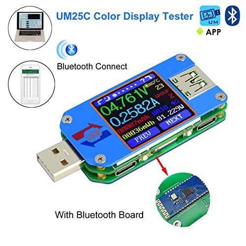 AiLi UM25C USB Meter 테스터,tester 전압,볼트 Current 블루투스 배터리 파워 충전 전압계 Ammeter 멀티미터,전기,전압계,측정 Tester, 1.44 Inch 컬러 LCD 디스플레이 USB 2.0 Type- C 케이블 저항 하중 Impedance Meter