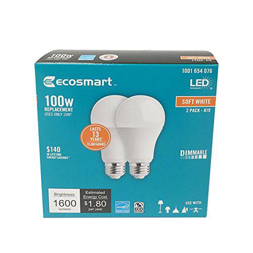 EcoSmart 100W 소프트 화이트 2700K A19 디머블, 밝기 조절 가능 LED 라이트 Bulbs 1600 Lumens each (2-Pack)