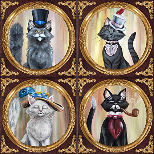 DWK - 팬시 Felines - 고양이 음료 음료 코스터 종류다양 세트 of Four (4) Colonel Meowstache Victorian 스타일 Kitties 모자, 세라믹 코르크 후면, 4-inch