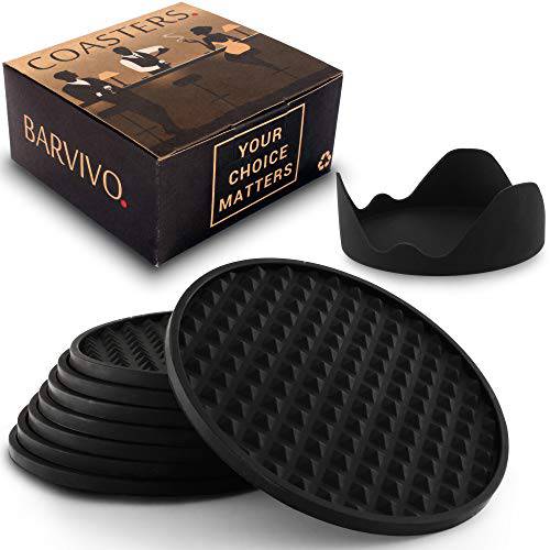 Barvivo 음료 Coasters 세트 of 8/ w 보유자 - 테이블탑 프로텍트 for Any 테이블 Type, Wood, Granite, Glass, Soapstone, Sandstone, Stone Tables - 완전한 소프트 Coaster Fits Any Size of 음료 Glasses.
