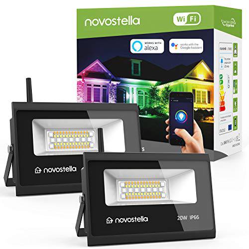 Novostella 2 Pack 20W 스마트 LED 홍수 Lights, RGBCW, 2700K-6500K, 2000LM, 와이파이 아웃도어 디머블, 밝기 조절 가능 컬러 체인징 무대 Light, IP66 Waterproof, 멀티컬러 벽면 세척기 Light, Work with Alexa