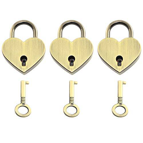 Tegg Heart 쉐입 맹꽁이자물쇠,통자물쇠,자물쇠 3PCS 빈티지 Style 미니 Archaize Brass Heart 쉐입 키 잠금 with 키