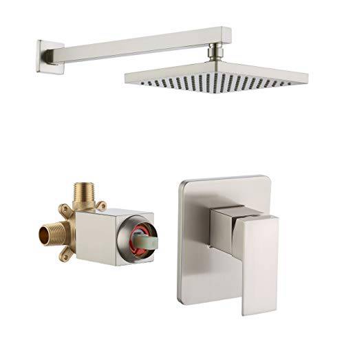 KES 수압 밸런스 샤워 밸브 and 트림 Kit Combo Concealed Brass 샤워 Faucet 바디 with Faceplate 샤워 샤워 샤워헤드 and 서플라이 Arm Single 본체 모던 스퀘어 Brushed Nickel, XB6210-BN