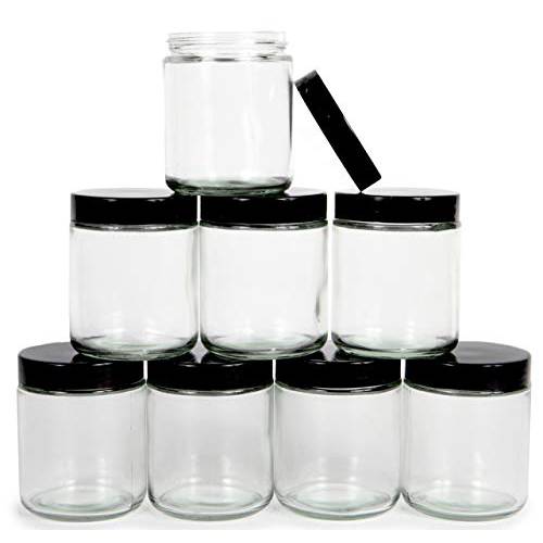 Vivaplex, Clear, 8 ounce, 라운드 Glass Jars, with 블랙 뚜껑 - 8 pack