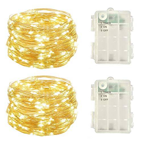 2 Pack 배터리 Operated 미니 Led Fairy 라이트 DewLights with 타이머 6 Hours on/ 18 Hours 꺼짐 for 웨딩 Party 라이트닝 Decorations, 50 LEDs, 18 Feet Silver 와이어 (Warm White)