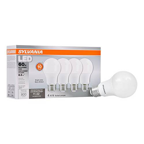 SYLVANIA Value LED 전구, A19, 60W Equivalent, 브라이트 화이트 3500K, 4 Pack