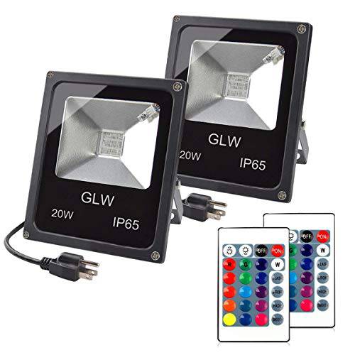 GLW 20W RGB LED 홍수 Lights, 컬러 체인징 Floodlight with 원격 Control, 방수 아웃도어 야외,경치 라이트닝, 16 컬러 4 모드 디머블, 밝기 조절 가능 벽면 세척기 Light, 무대 라이트닝 for Garden, 마당 (2 Pack)