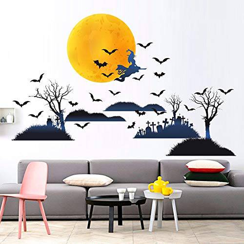 Mendom 할로윈 벽면 Decals, DIY 할로윈 데코,장식 Party Supplies, Yellow Moon and Cemetery
