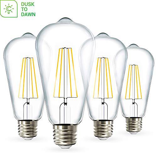 Sunco Lighting 4 Pack ST64 LED Bulb, Dusk-to-Dawn, 7W=60W, 2700K 소프트 White, 빈티지 에디슨 Filament Bulb, 800 LM, E26 Base, 아웃도어 장식용 끈,스트립,선 조명, 라이트 - UL, Energy 스타