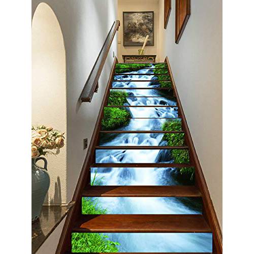 FLFK 3D 그린 잔디, Streams 내츄럴 경치 Self-Adhesive 계단 라이저 스티커 벽면 Murals 비닐 Staircase 스티커 벽지,시트지 장식,데코 39.3Inch x7.08Inch x 13PCS