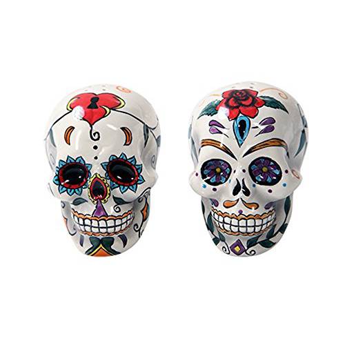 Pacific Giftware Day of The Dead Skulls 솔트 페퍼,후추 쉐이커,셰이커 피규린,피규어 홈 장식, Multi-Colored, 5 x 2