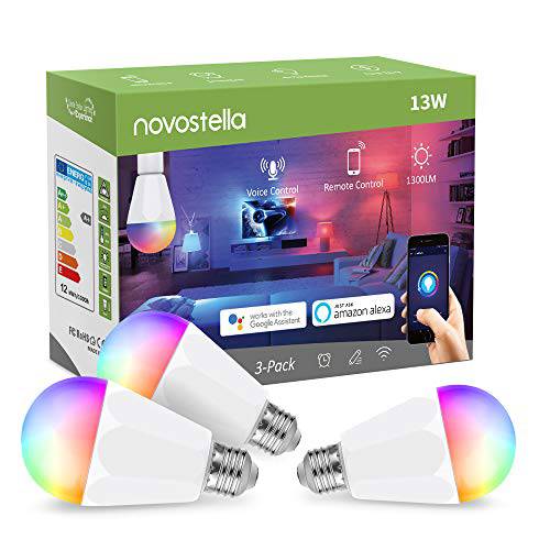 노vostella 13W 1300LM 스마트 LED 라이트 Bulbs, 와이파이 RGBCW 2700K-6500K 디머블, 밝기 조절 가능 멀티컬러 Bulb, A19 E26, 120W 호환 컬러 체인징 Bulb, 노 허브 Required, 호환가능한 with Alexa (3 Pack)