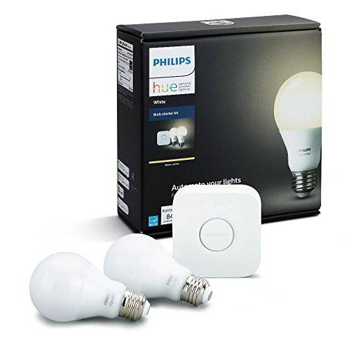 Philips Hue 화이트 A19 60W 호환 디머블, 밝기 조절 가능 LED 스마트 전구 스타터 Kit (2 A19 60W 화이트 Bulbs and 1 허브 호환가능한 with 아마존 Alexa Apple 홈킷 and 구글 Assistant), 2 Pack 캘리포니아 Residents