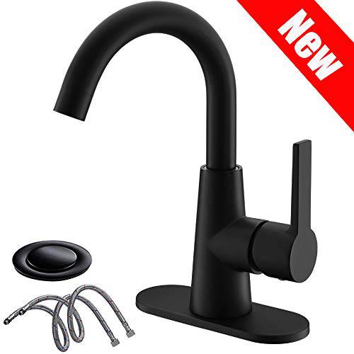 Matte 블랙 Single-Handle 4 Inch 화장실 싱크대 Faucetwith Deck Plate and 서플라이 Hoses, 바 싱크대 Faucet/ Pre-Kitchen 싱크대 Faucet with 360° 회전 Spout by Phiestina, WE10E-MB