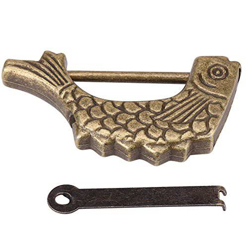Bronze 앤틱 피쉬 모양 맹꽁이자물쇠,통자물쇠,자물쇠-Antique 피쉬 모양 Bronze 메탈 잠금 Old Chinese 맹꽁이자물쇠,통자물쇠,자물쇠 For 서랍형보관함,홀더 쥬얼리 박스 5.9 × 3.1 × 0.9cm