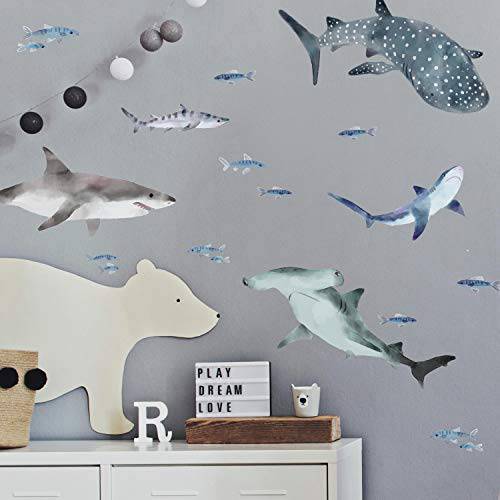 RoomMates - RMK4311SCS Sharks 필 And 스틱 벽면 데칼, 도안 |  블루&  회색 벽면 스티커