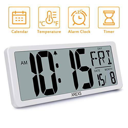 XREXS 라지 디지털 벽시계, 타이머, 벽에 거는 타이머, 전자제품 알람 시계 for 침실 홈 Decor, Count 이상&  하위 Timer, 14.17 Inch 라지 LCD 스크린 with Time/ Calendar/ 온도 디스플레이 (Batteries Included)