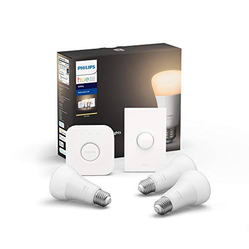 Philips Hue 화이트 LED 스마트 단추 스타터 Kit, 3 A19 스마트 Bulbs, 1 스마트 단추& 1 Hue 허브 (Works with Alexa, Apple 홈킷&  구글 Assistant)