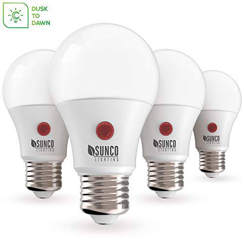 Sunco Lighting 4 Pack A19 LED 전구 with Dusk-to-Dawn, 9W=60W, 800 LM, 5000K Daylight, 오토 On/ 꺼짐 Photocell 센서, 움직임 감지 - UL