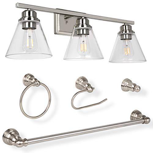 Hykolity 3-라이트 화장대 라이트 Fixture, 5-Piece All-in-One 화장실 세트 (Led 에디슨 Bulbs as Bonus), Brushed Nickel 벽면 꽂이 라이트닝 with Glass Shads, ETL Listed