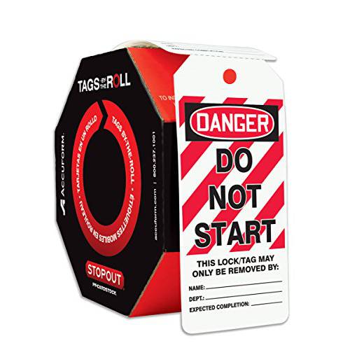 Accuform 사인 TAR408 태그 by-The-Roll Lockout Tags, LegendDanger DO NOT Start, 6.25 Length x 3 폭 x 0.010 Thickness, PF-Cardstock, Red/ 블랙 on 화이트 (Roll of 100)