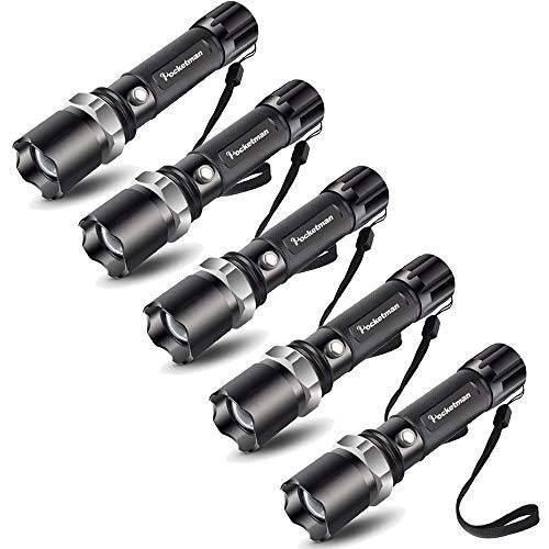 Pack of 5 LED Tactical Flash라이트, 2000 Lumens, 줌가능 조절가능 Focus, IP65 Water-Resistant Torch, 슈퍼 브라이트 Tac 라이트 with 5 라이트 Modes For 아웃도어 Camping, 등산 and 응급시