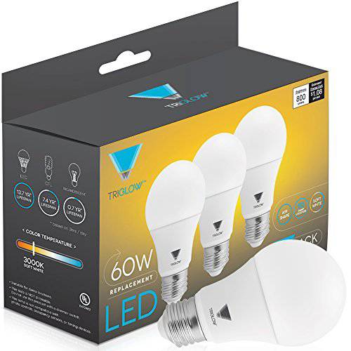 TriGlow LED 라이트 Bulbs, 60 Watt호환 (9 Watt) A19 LED Bulb, 컬러 Daylight (5000K) 800 Lumen, Non-Dimmable, 3-Pack
