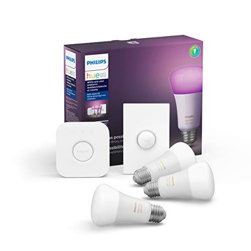 Philips Hue 화이트 and 컬러 LED 스마트 단추 스타터 Kit, 3 A19 스마트 Bulbs, 1 스마트 단추& 1 Hue 허브 (Works with Alexa, Apple 홈킷&  구글 Assistant)