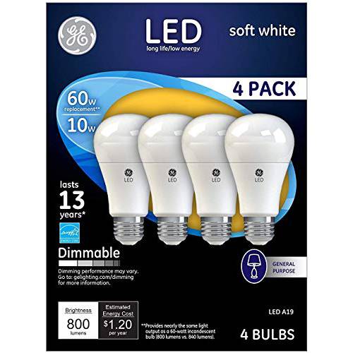 GE Lighting 67615 디머블, 밝기 조절 가능 LED A19 전구 with 미디엄 Base, 10-Watt, 소프트 White, 16-Pack