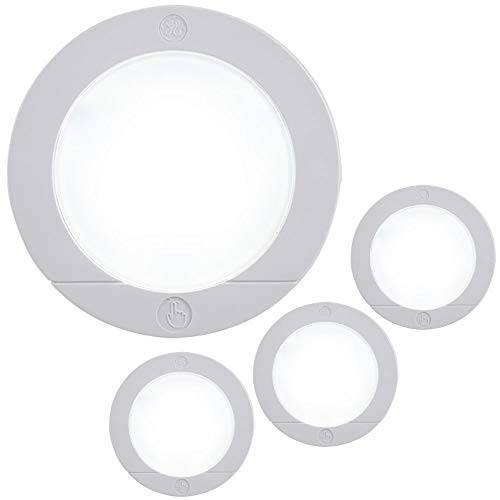 GE LED Puck, 4 Pack, Wireless, 배터리 Operated, 20 Lumens, Touch 센서 On/ Off, 브라이트 화이트 Light, Ideal for Closets, Cabinets, Attic, 차고,주차장,창고 and More, 45997
