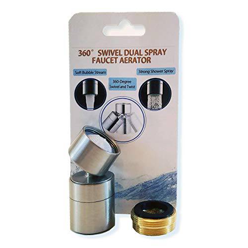 TOTOMO 부엌, 주방 싱크대 Faucet 에어레이터 (Solid Brass) 2 Spray-mode (Shower& 버블, 거품 Stream) 360° 스위블 Booster 스프레이식,분무식 변환기 Water 절약 샤워헤드 부착식 교체용 - 솔질 Nickel