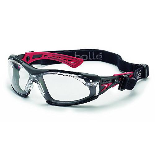 Bolle Safety Rush+  보안경 with 조립된 폼 and Strap,  블랙&  레드 Frame, Clear Lenses