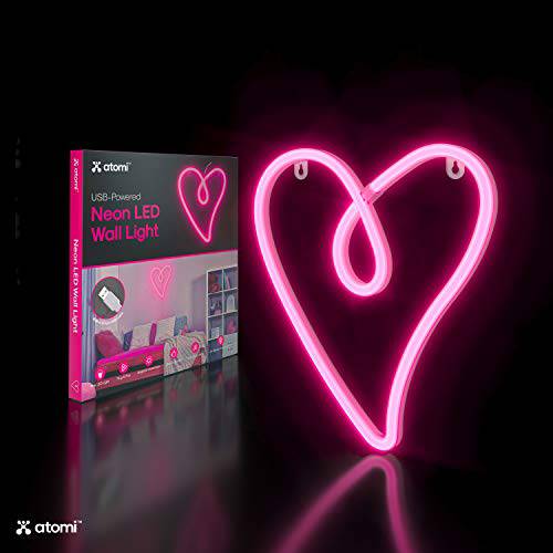 Atomi Neon LED 벽면 조명, 라이트 - 핑크 레트로 Heart, 장식용 벽면 Art, Neon Sign for Bedrooms, USB Powered, 10-ft 케이블