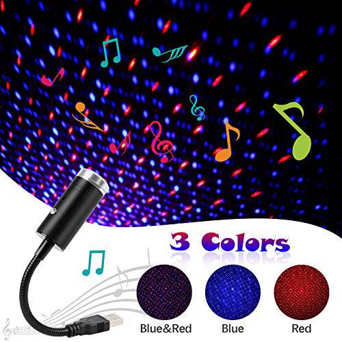 USB 스타 라이트 사운드 Activated, 3 컬러+ 9 Functional Modes, Aevdor 로맨틱 인테리어 오토 Light, USB 취침등, 나이트 스탠드, 무드등 데코,장식 가정용 차량용 Room Party Ceiling, Plug and Play (Red& Blue)