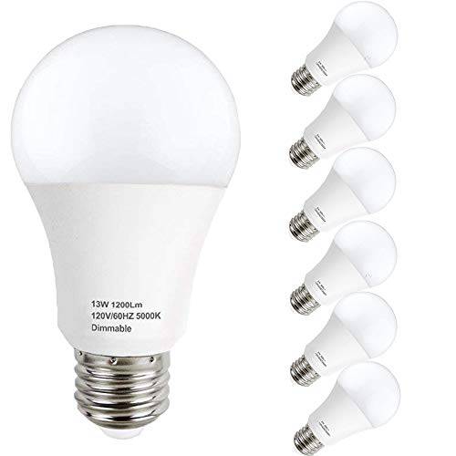 LEDERA A19 LED 전구 Dimmable, E26 Base 전구 13W (100W Equivalent), 1200 Lumens, 5000K Daylight White, 6-Pack