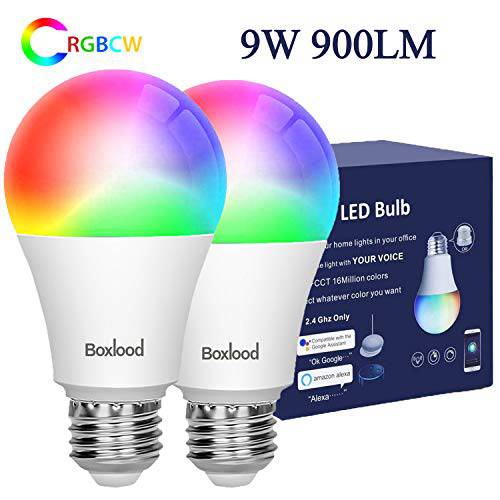 Boxlood 스마트 와이파이 가벼운 Bulb, 호환가능한 with Alexa, 구글 Home, 노 허브 Required, 2.4GHz Only, 9W 900lm (80W Equivalent), A19 E26 Base, RGBCW 컬러 Changing, Warm White to 쿨 White Dimmable, 2-Pack