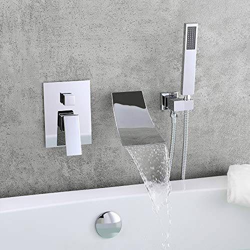 KunMai Waterfall 벽면-마운트 Tub Faucet with 소형 샤워, Chrome Waterfall Spout 욕조 Faucet with 핸드 샤워 솔리드 Brass 벽면 마운트 Tub 필러 Faucet for 화장실