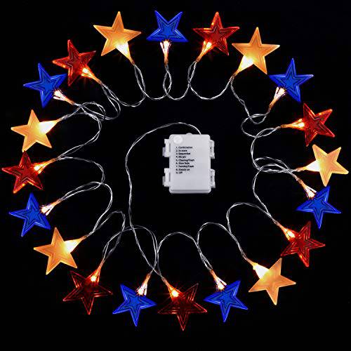 4th of July 스타 끈,스트립,선 라이트, 10 ft 20 LEDs 레드 블루 화이트 아메리칸 USA Stars Sting 라이트 Patriotic 장식 독립 Day Memorial Day Presidents Day 배터리 전원 컨트롤 8 모드