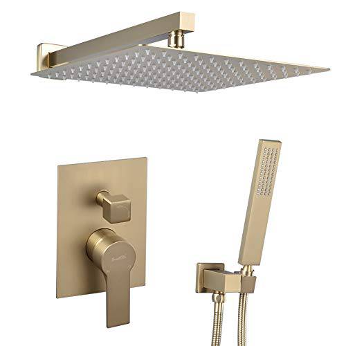 SHAMANDA Brass 샤워 샤워 System, Luxuly 화장실 샤워 Faucet Combo 세트 Brushed Gold(Including Rough-In 밸브 바디 and Trim), L7001-3