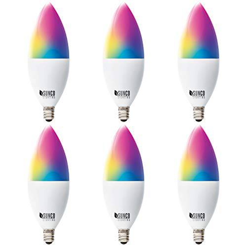 Sunco Lighting 6 Pack 와이파이 LED 스마트 Bulb, B11 Candelabra, 4.5W, E12 Base, 컬러 체인징 ( RGB& CCT), Dimmable, 호환가능한 with 아마존 알렉사&  구글 조수 - 노 허브 Required