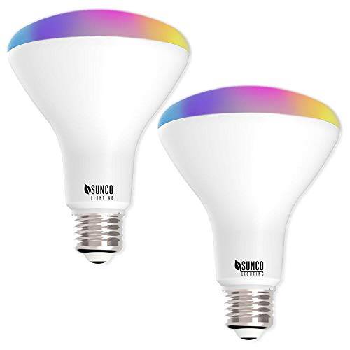 Sunco Lighting 2 팩 와이파이 LED 스마트 전구, BR30, 8W, 컬러 체인징 ( RGB& CCT), 밝기조절가능, 650 LM, 호환가능한 아마존 알렉사&  구글 어시스턴트 - No 허브 필수