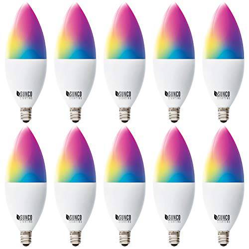 Sunco Lighting 10 팩 와이파이 LED 스마트 전구, B11 Candelabra, 4.5W, E12 베이스, 컬러 체인징 ( RGB& CCT), 밝기조절가능, 호환가능한 아마존 알렉사&  구글 어시스턴트 - No 허브 필수