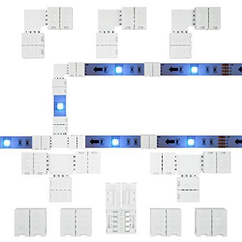RGB LED 스트립 커넥터 Full Kit, 4 핀 10mm Gapless 무납땜 변환기 연장 for SMD 5050 LED 라이트 Strip, 5X Gapless 커넥터, 3X L 커넥터, 2X T 커넥터