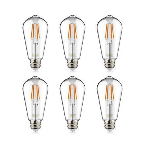 Helloify 라이트 디머블, 밝기 조절 가능 Edison, 빈티지 앤틱 Style ST19(ST64) LED Filament Bulbs, 60W 백열등 Equivalent, 2700K(Clear Glass) Warm White, E26 미디엄 스크류 Base, 6 Pack