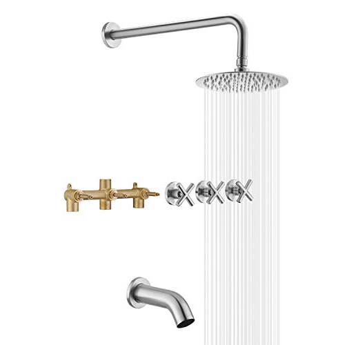 Tub and 샤워 Faucet 세트 3 손잡이 with 밸브 Brushed Nickel 고 Flow Waterfall Tub Spout and 방수 샤워 샤워헤드 SUMERAIN
