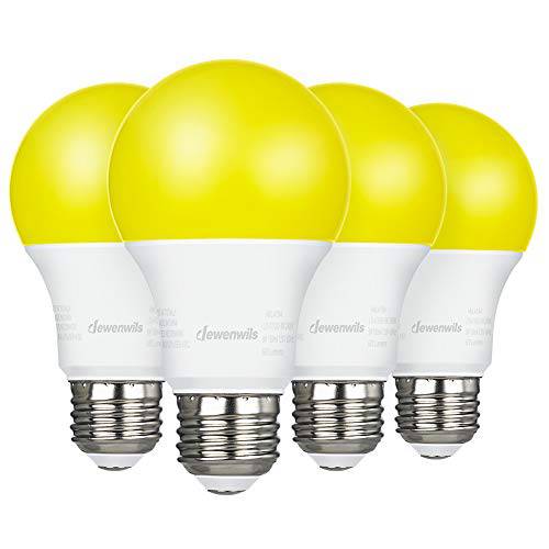 DEWENWILS 4 팩 LED 벌레 전구S 아웃도어, A19 Yellow 전구, 9W(60W 호환), 600LM, 2400K 노란색 글로우, Non-Dimmable, E26 미디엄 스크류 베이스, UL Listed