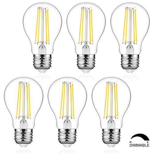 Defurhome  밝기조절가능 A19 Filament LED 전구, 6W (60W 호환), 클래식 E26 클리어 글래스 LED Bulbs, 750 Lumens, Daylight 화이트 4000K, 스탠다드 교체용 (6-Pack)