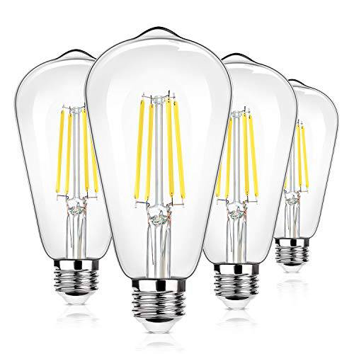 4-Pack 빈티지 8W ST64 LED 에디슨 라이트 Bulbs 100W 호환, 1400Lumens, 5000K Daylight 화이트, E26 바닥 LED Filament Bulbs, CRI 90+, 앤틱 글래스 Style Great 가정용, 침실, 사무실,오피스, Non-Dimmable