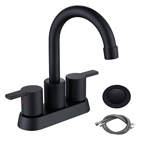 RKF  스위블 Spout Two-handle Centerset bathroom faucet 화장실 faucet with pop-up 배수구,배출구 with overflow and CUPC 워터 서플라이 Lines, 매트,무광 블랙, BF015-9-MB